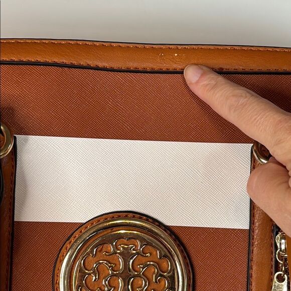 Brown and White Striped Tote with Faux Leather Trim 15” x 7” x 9” - Picture 4 of 9